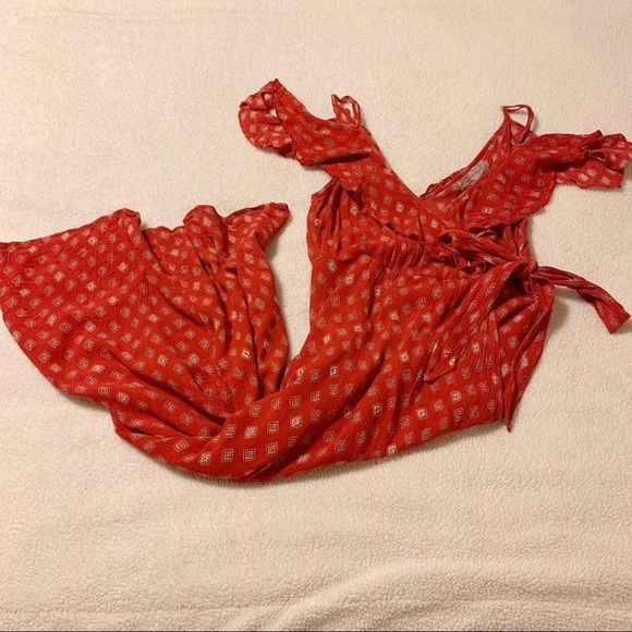 Band of Gypsies Wrap Red Maxi Dress Polka Dot Cold Shoulder - Picture 13 of 13